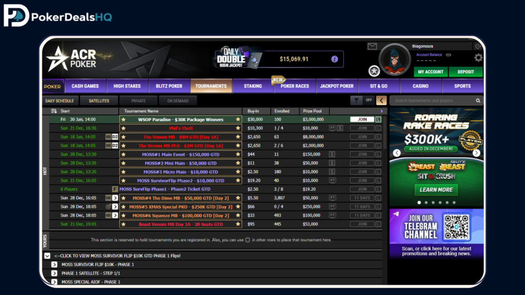 ACR Poker tournaments lobby interface showing scheduled events, buy-ins, prize pools, and player entries