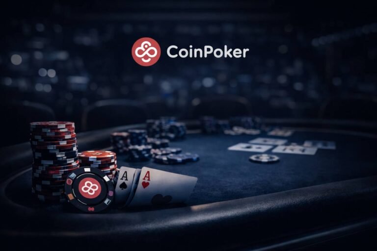 CoinPoker poker review hero image with branded poker chips and casino table