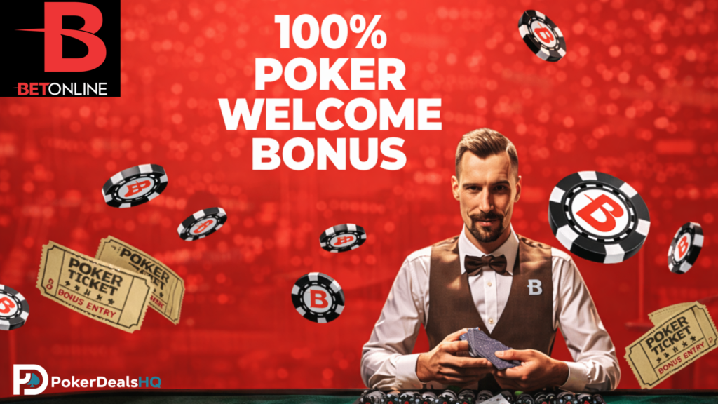 BetOnline poker bonus ad with dealer, chips, and bonus tickets