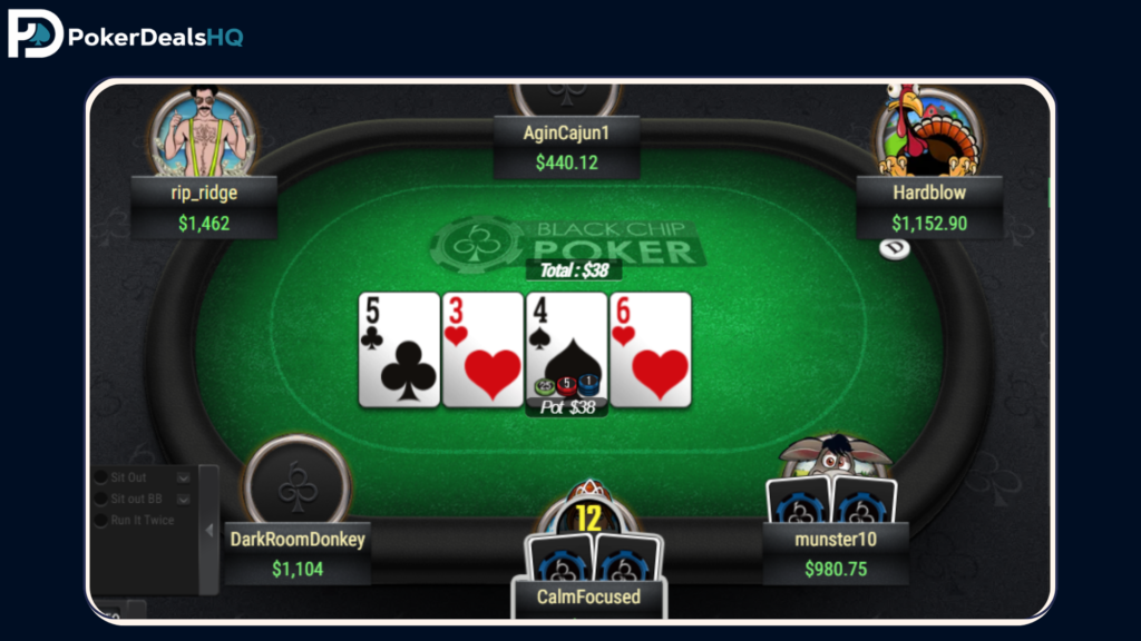 Black Chip Poker table showing a hand in progress with community cards, player avatars, chip stacks, and pot value displayed.