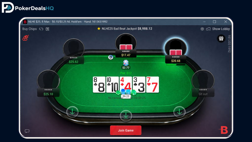 BetOnline poker table interface with cards, chips, and jackpot display.