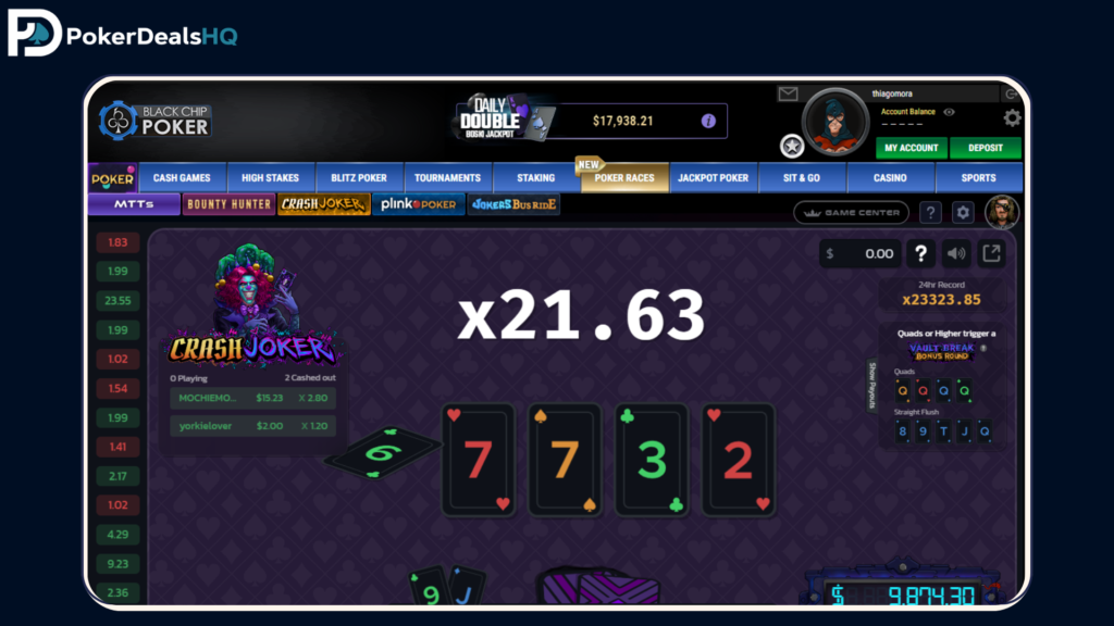 Black Chip Poker Crash Joker game interface showing multiplier value, playing cards, player bets, and game history