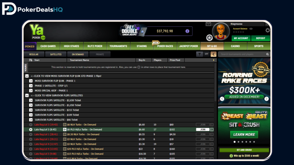 YaPoker lobby displaying poker tabs, satellite and on-demand tournament listings, buy-ins, player counts, prize pools, promo banners