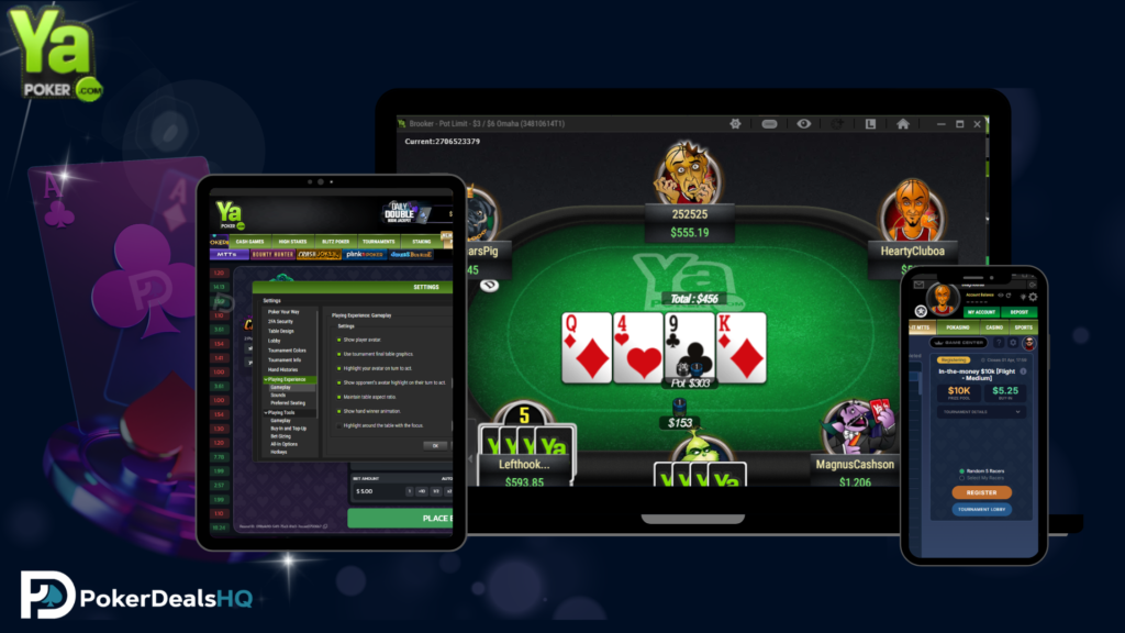 YaPoker graphic showing the poker platform across desktop, tablet, and mobile screens, with a poker table, game lobby, and tournament interface