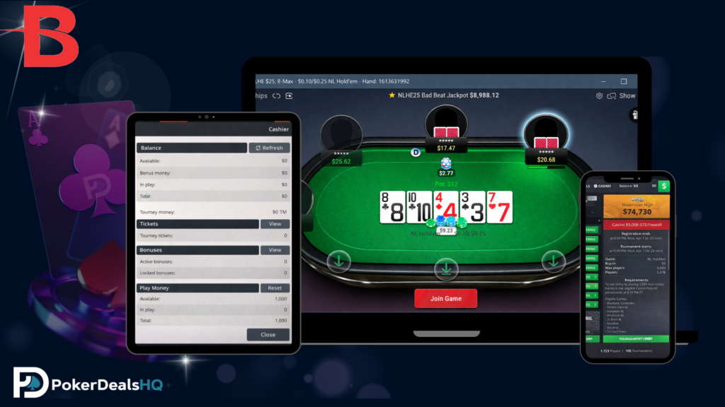 Poker app screen showing tournaments, cash games, and deposit options.