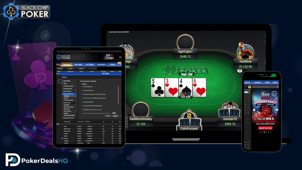 Black Chip Poker displayed across desktop, tablet, and mobile devices showing gameplay table, settings menu, and poker client interface.