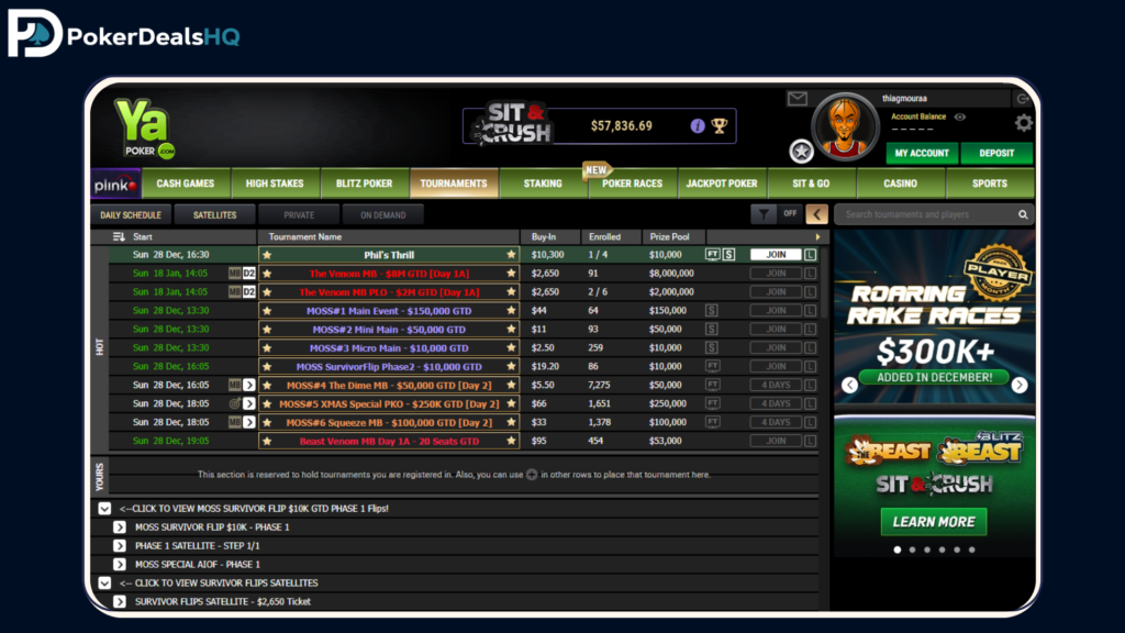 YaPoker tournament lobby showing scheduled events, buy-ins, prize pools, navigation tabs, promotional banners