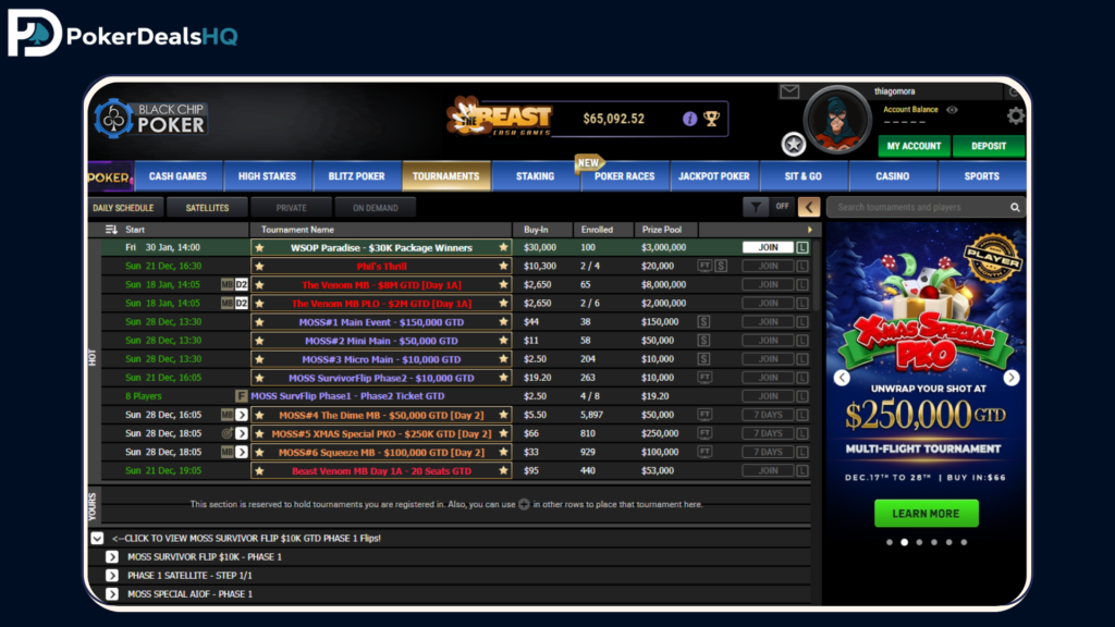 BlackChip Poker tournaments lobby interface showing scheduled events, buy-ins, prize pools