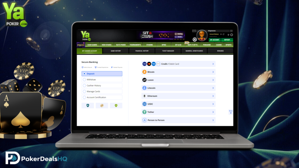YaPoker banking graphic showing a laptop screen with deposit options including credit card and cryptocurrencies