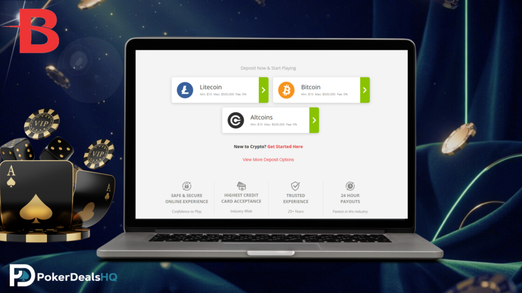 Laptop showing crypto deposit options like Bitcoin, Litecoin, and altcoins.