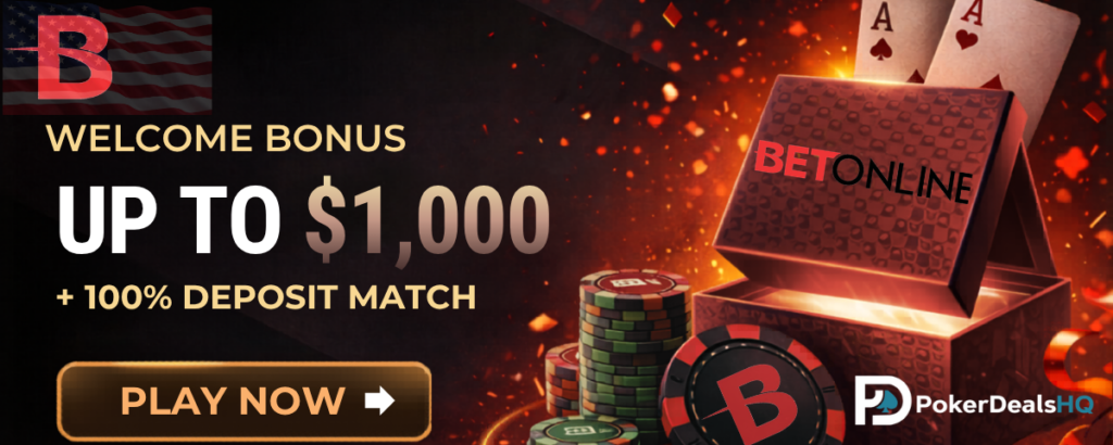 Promotional banner for BetOnline offering a welcome bonus up to $1,000 with a 100% deposit match and a Play Now button.