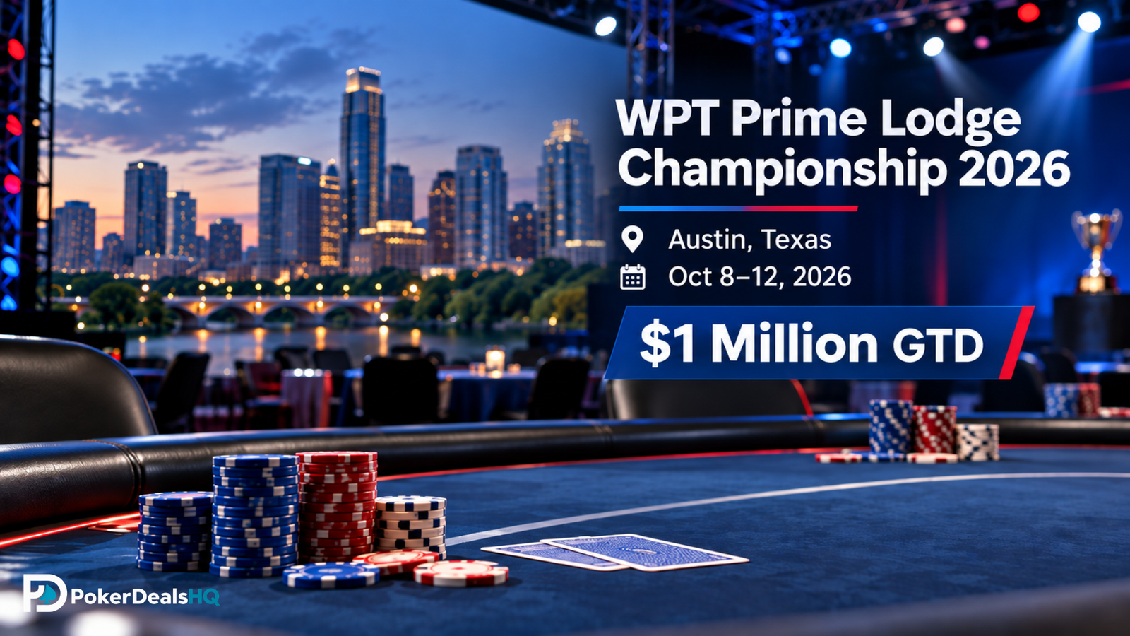 Poker tournament stage in Austin with event details and $1 million guarantee